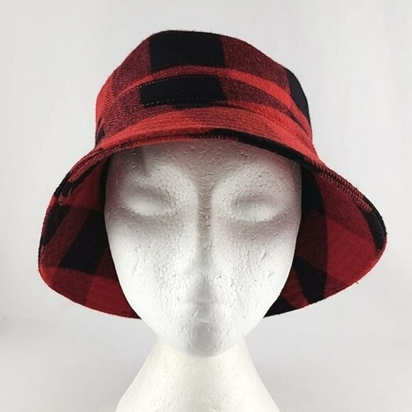 HB STRIPES Women's Bucket Hat Racing Red Black Plaid Wool Blend Fleece Lined O/S - Picture 2 of 12
